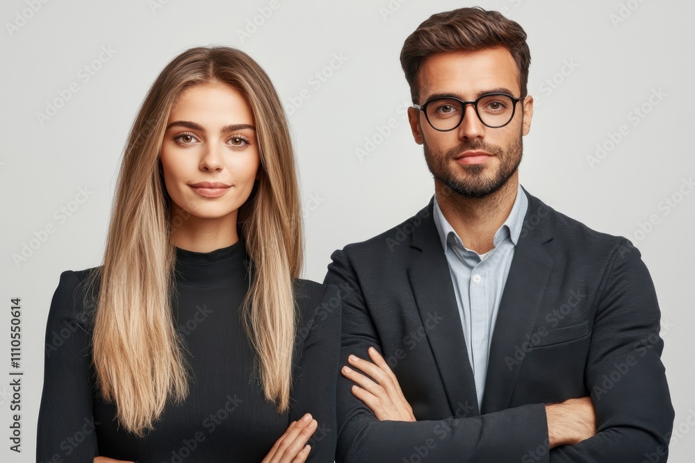 Professional young couple poses confidently in business attire with arms crossed in studio Professional young couple poses confidently in business attire with arms crossed in studio