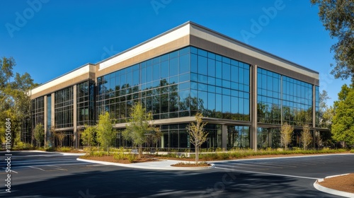 Wallpaper Mural Modern Office Building with Large Glass Windows Surrounded by Green Landscaping and Clear Blue Sky on a Bright Sunny Day Torontodigital.ca