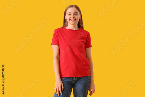Young woman in stylish red ...