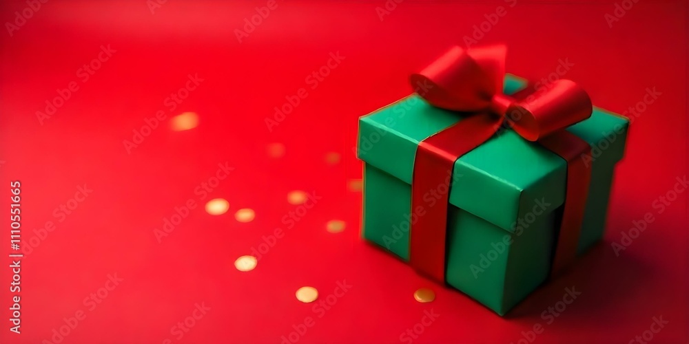 Obraz premium A green gift box with a red ribbon on a red background with gold confetti