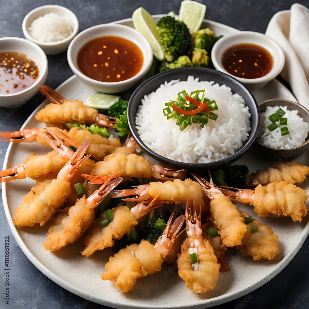 A plate of crispy tempura shrimp and vegetables served with dipping sauce and a side of steamed rice. A plate of crispy tempura shrimp and vegetables served with dipping sauce and a side of steamed rice.