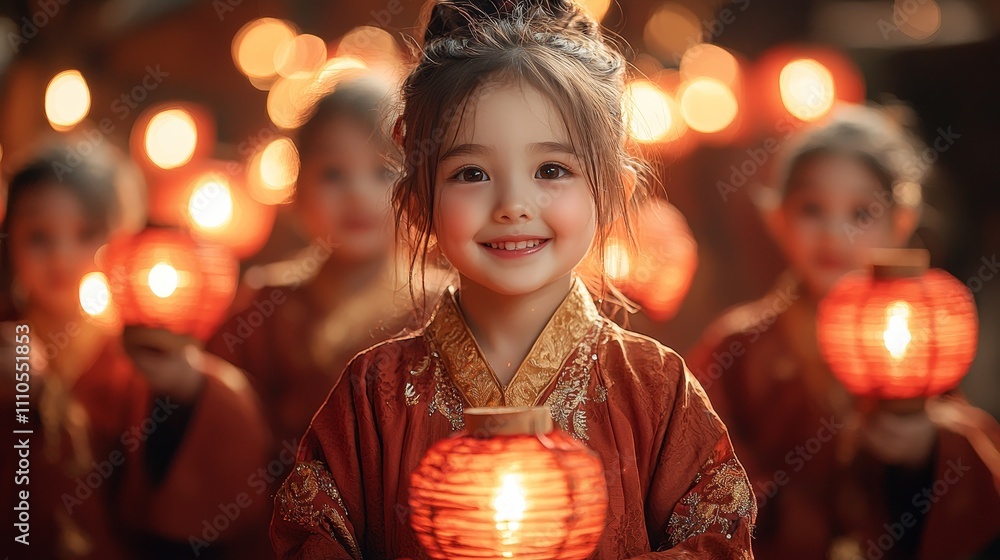 Joyful girl in traditional attire holding a glowing lantern surrounded by friends Joyful girl in traditional attire holding a glowing lantern surrounded by friends