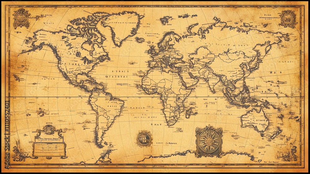 Fototapeta premium An antique style world map with compass roses.