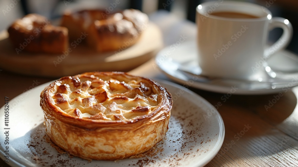 Delicious apple tart served with coffee on wooden table. Delicious apple tart served with coffee on wooden table.