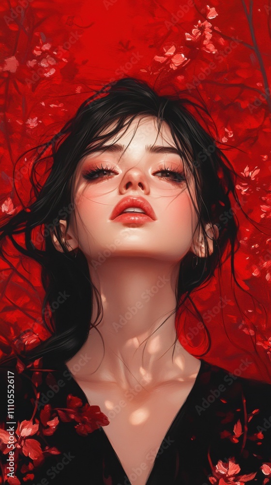 Ethereal Woman Portrait Surrounded by Red Flowers on a Vivid Background, Capturing Beauty, Serenity, and Emotion in a Bold Artistic Representation Ethereal Woman Portrait Surrounded by Red Flowers on a Vivid Background, Capturing Beauty, Serenity, and Emotion in a Bold Artistic Representation