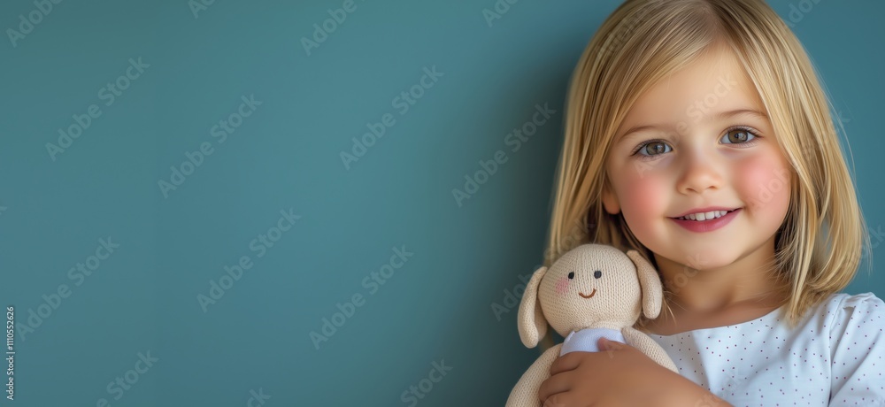 Smiling girl holding stuffed bunny, cheerful expression, light hair, blue background, playful innocence, childhood joy, copy space for text Smiling girl holding stuffed bunny, cheerful expression, light hair, blue background, playful innocence, childhood joy, copy space for text