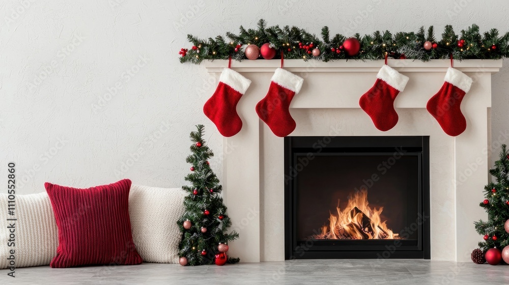 Fototapeta premium A cozy holiday fireplace with stockings, garland, and glowing fire captures the essence of Christmas warmth and seasonal cheer