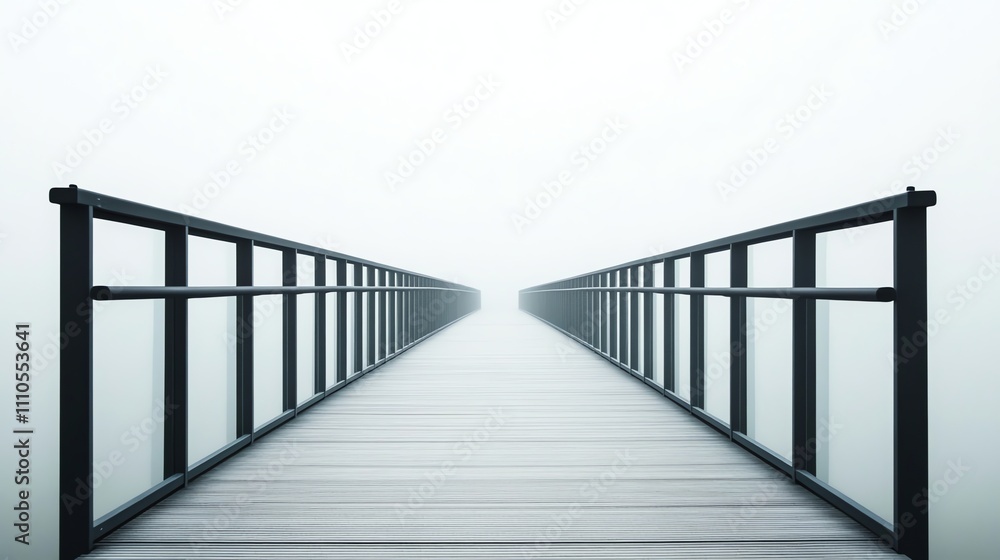 A wooden bridge with black railings extends into the mist. A wooden bridge with black railings extends into the mist.