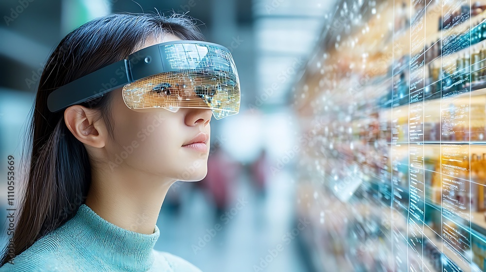 The person put on the augmented reality glasses and was instantly immersed in a virtual world where they could interact with and explore virtual product displays in a shop The person put on the augmented reality glasses and was instantly immersed in a virtual world where they could interact with and explore virtual product displays in a shop