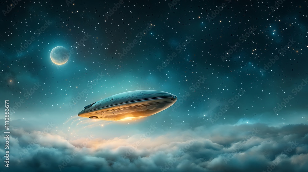 The illustration depicts a sleek spaceship hovering in a starry night sky, with twinkling stars filling the darkness around it The illustration depicts a sleek spaceship hovering in a starry night sky, with twinkling stars filling the darkness around it