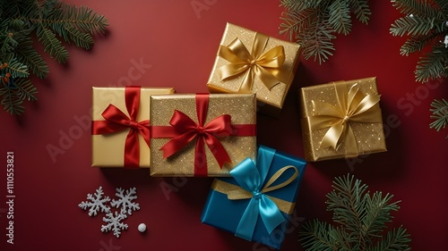 Glowing Christmas gift concept. Gold and red sparkling gifts, balls, sparkles, green twigs in the snow on a blue background with space for your celebration message or advertisement