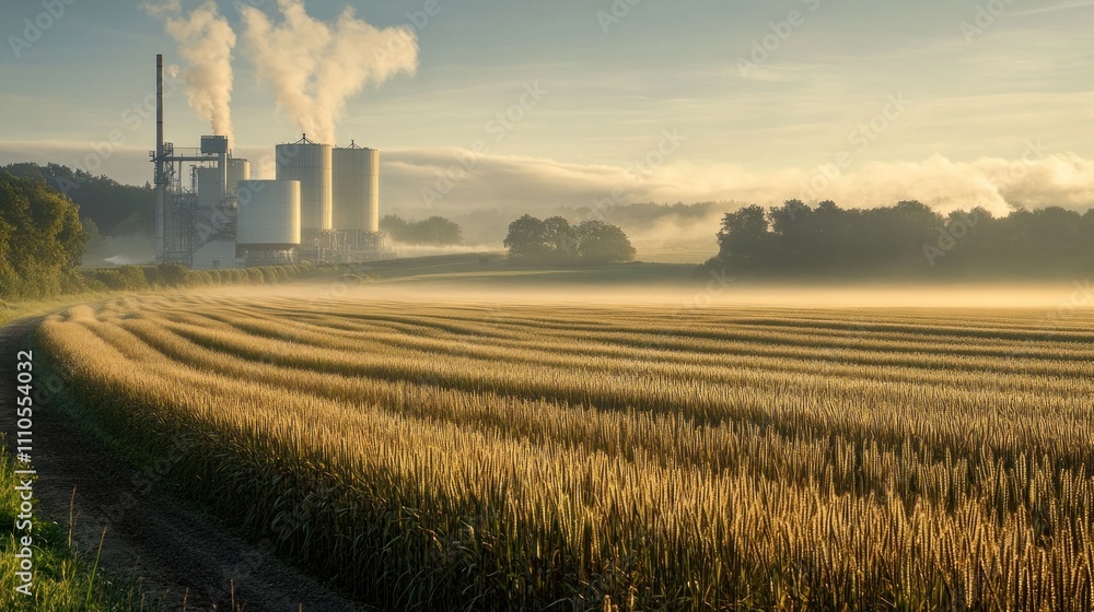 A serene morning view of a biomass plant with mist rising from surrounding fields. The tranquil setting captures the peaceful coexistence of energy production and nature, emphasizing the potential A serene morning view of a biomass plant with mist rising from surrounding fields. The tranquil setting captures the peaceful coexistence of energy production and nature, emphasizing the potential