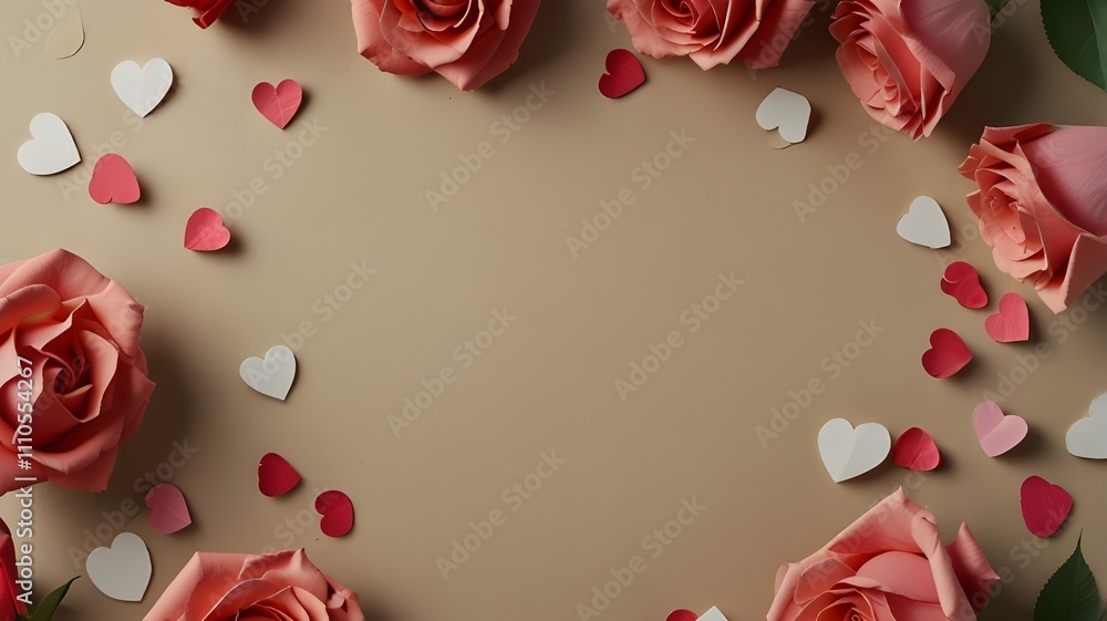 Valentine's day background. Pastel banner with red hearts and gift with ribbon. Place for text. soft gold background Valentine's day background. Pastel banner with red hearts and gift with ribbon. Place for text. soft gold background