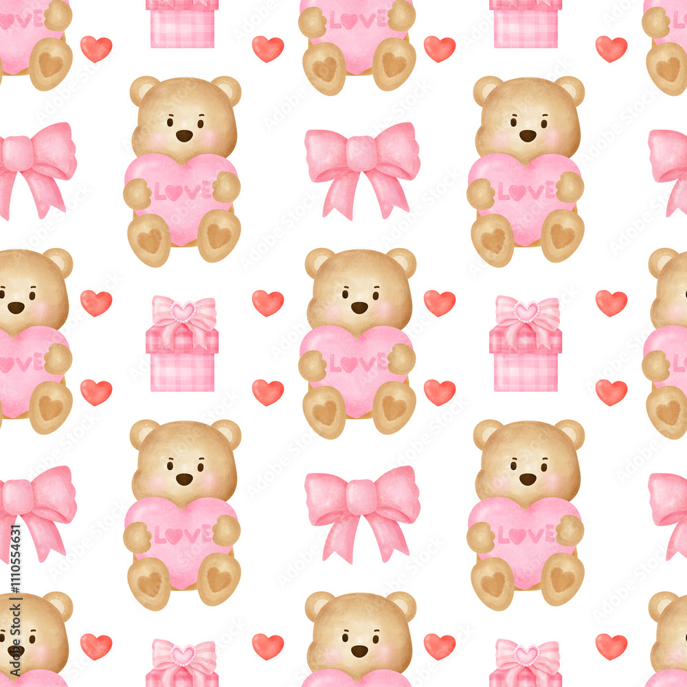 Watercolor valentine's day seamless pattern with cute bear. Watercolor valentine's day seamless pattern with cute bear.