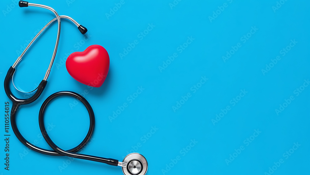 Medical Theme with Stethoscope and Heart on Blue Background, Copy space, stethoscope close-up, medical background image, medical diagnostics symbol, cardiology concept. Medical Theme with Stethoscope and Heart on Blue Background, Copy space, stethoscope close-up, medical background image, medical diagnostics symbol, cardiology concept.