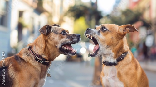 The playful argument escalates as the two dogs unleash a series of loud barks, each trying to outdo the other in volume and enthusiasm. photo