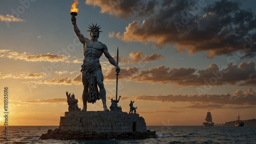 Colossus of Rhodes holding a massive torch; sunrise over a harbor in the background, with waves and ships carved on the base.