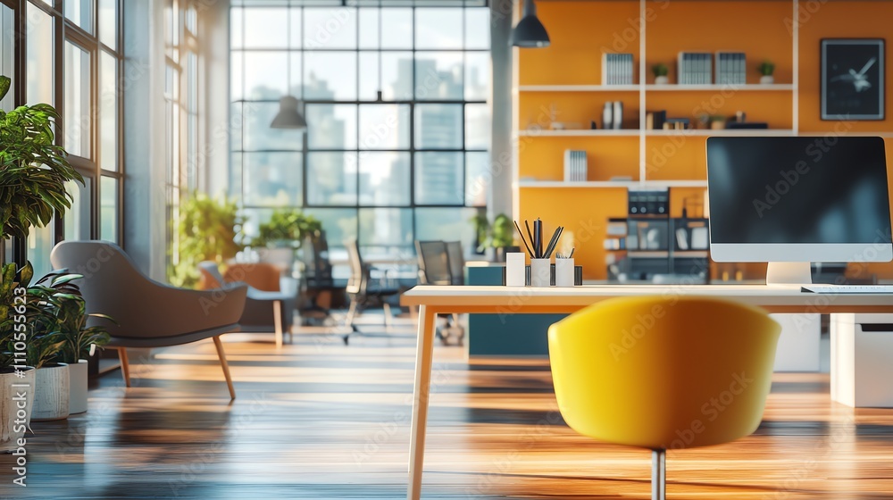 A modern office with a yellow wall and a desk with a yellow chair. A modern office with a yellow wall and a desk with a yellow chair.