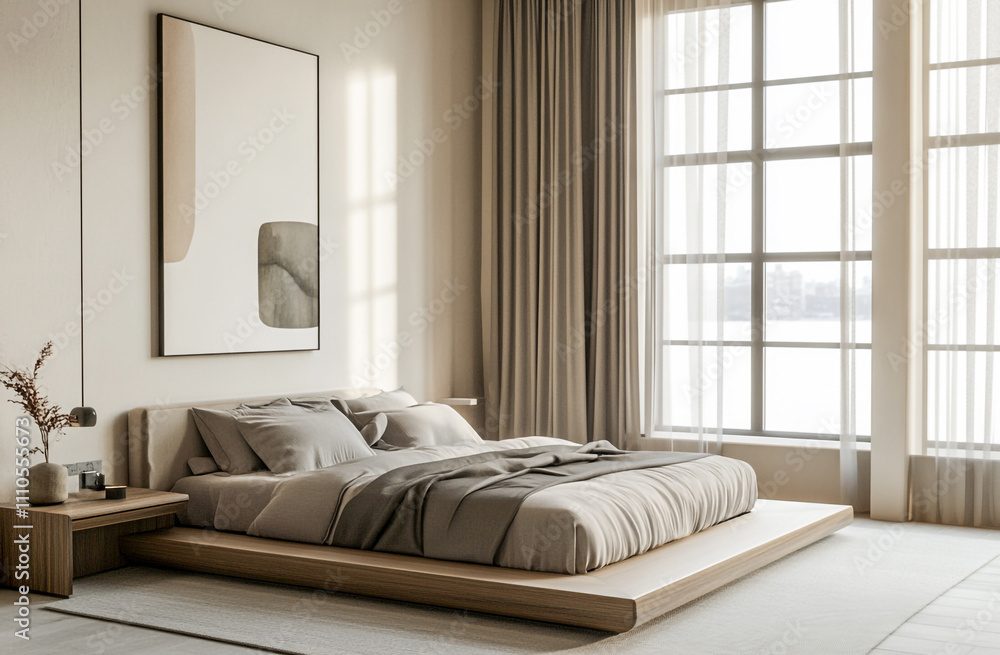 Fototapeta premium Stylish Modern Bedroom Interior with Minimalist Furniture and Soft Lighting Design