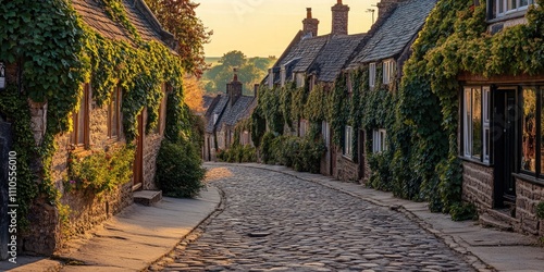 Fototapeta Naklejka Na Ścianę i Meble -  A cobblestone street lined with ivy-covered houses in a small village. The late afternoon light casts a warm glow, capturing the peaceful charm of rural life.