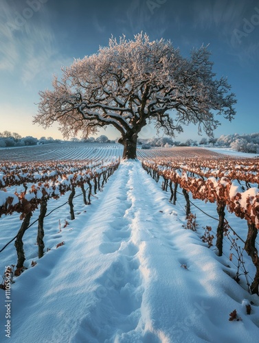 Majestic Frost-Covered Tree in Snowy Vineyard Landscape Under Clear Winter Sky with Footprints Leading Through Vine Rows photo