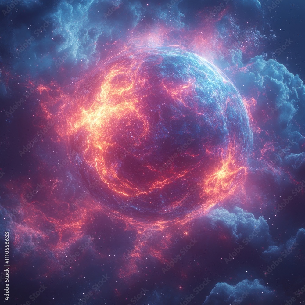 A vibrant cosmic scene depicting a glowing planet surrounded by colorful nebulae. A vibrant cosmic scene depicting a glowing planet surrounded by colorful nebulae.