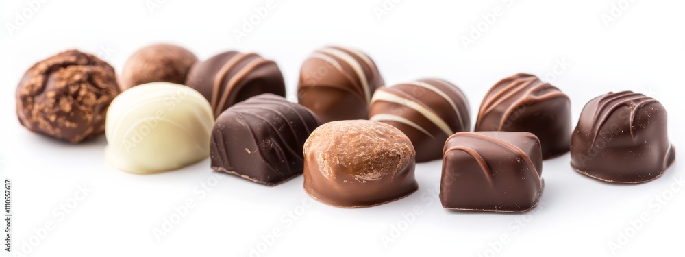 A selection of gourmet chocolates with assorted fillings, isolated white background, classic realism art style A selection of gourmet chocolates with assorted fillings, isolated white background, classic realism art style