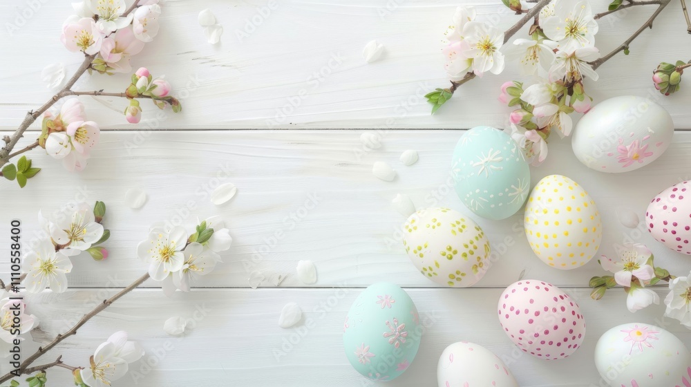Joyous Easter Decoration Concept: Greeting Card Featuring Easter Eggs on a White Wooden Table Joyous Easter Decoration Concept: Greeting Card Featuring Easter Eggs on a White Wooden Table