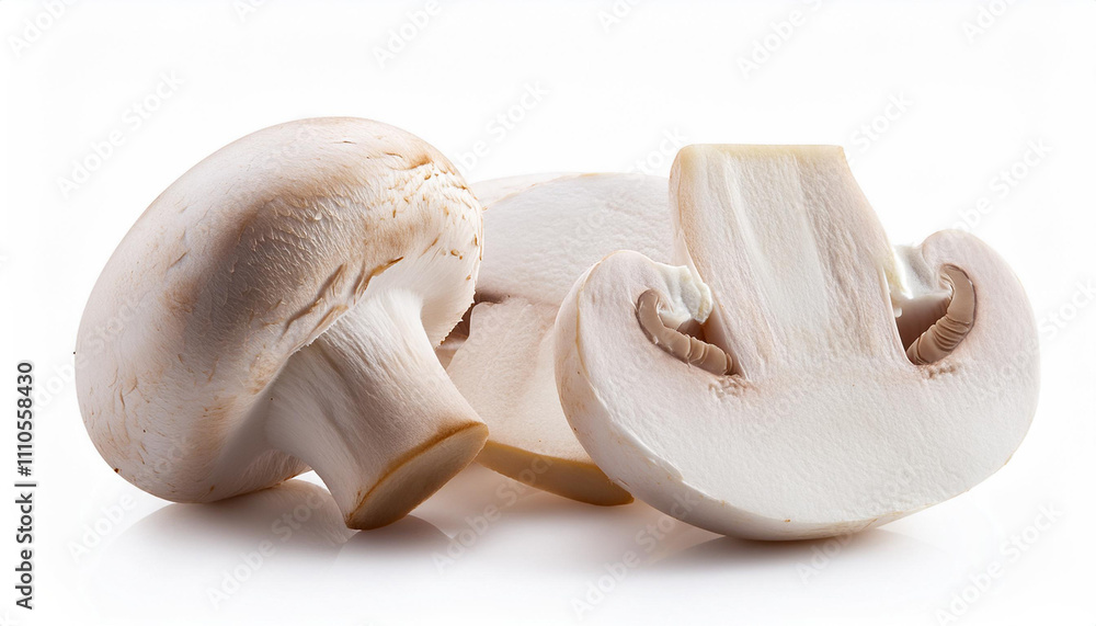 Fototapeta premium White champignon mushrooms on white background, culinary cooking ingredient. Autumn season harvest