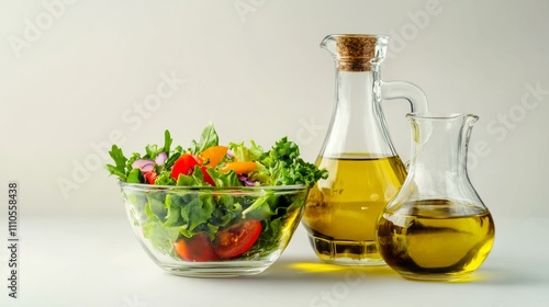 A bowl filled with fresh salad greens and colorful tomatoes sits alongside two glass containers of olive oil. The composition highlights healthy eating and meal preparation photo