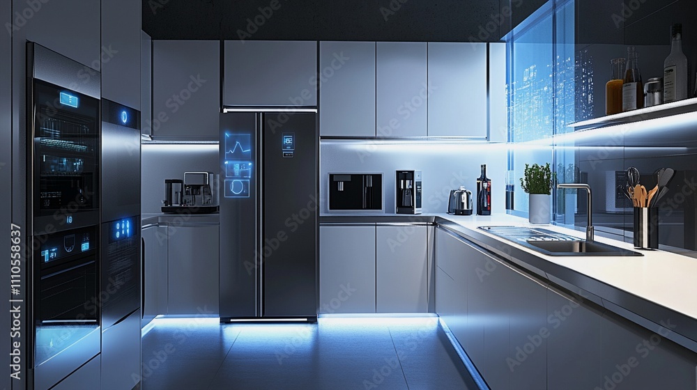 A smart kitchen featuring a voice-activated assistant controlling various appliances like the fridge, oven, and coffee maker, with a sleek, high-tech design
A smart kitchen featuring a voice-activated assistant controlling various appliances like the fridge, oven, and coffee maker, with a sleek, high-tech design
