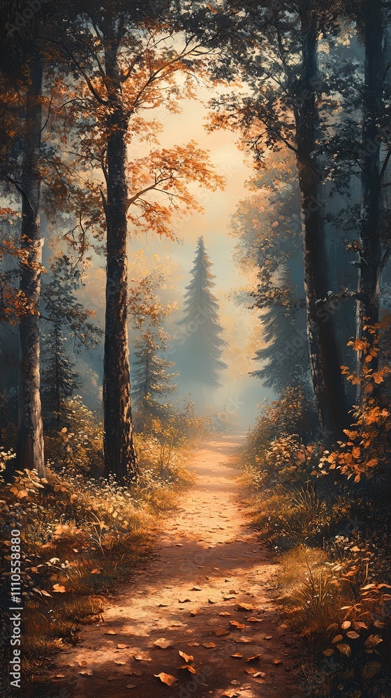 Obraz premium Autumn forest path through trees. Sunlight filters through canopy.