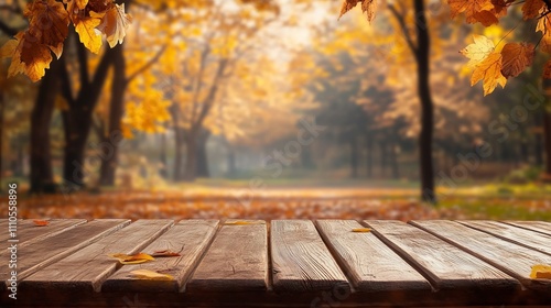 A vibrant autumn day in a peaceful park features a wooden surface scattered with leaves, framed by trees adorned in golden and orange foliage, inviting tranquility and reflection