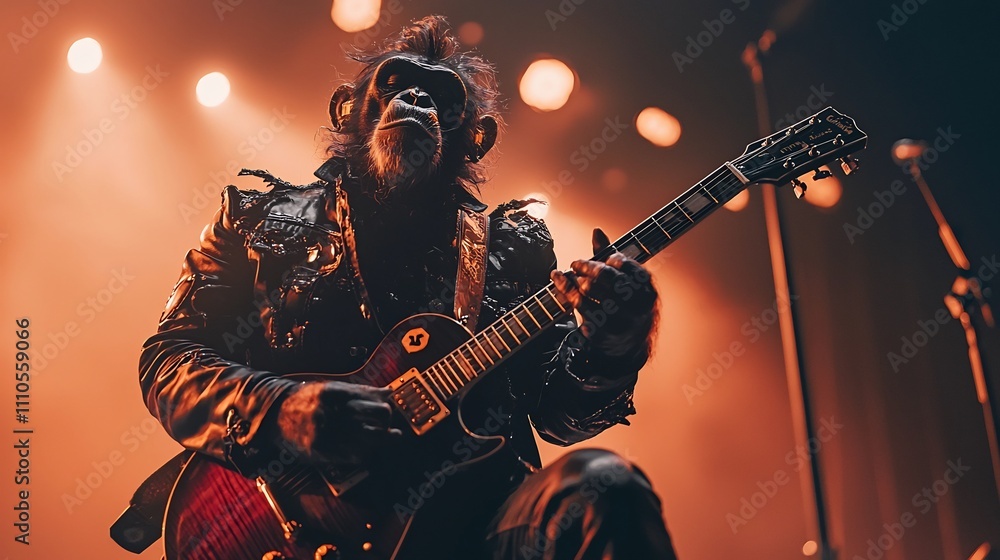 Energetic Monkey Rockstar Shreds Electric Guitar on Illuminated Stage Energetic Monkey Rockstar Shreds Electric Guitar on Illuminated Stage