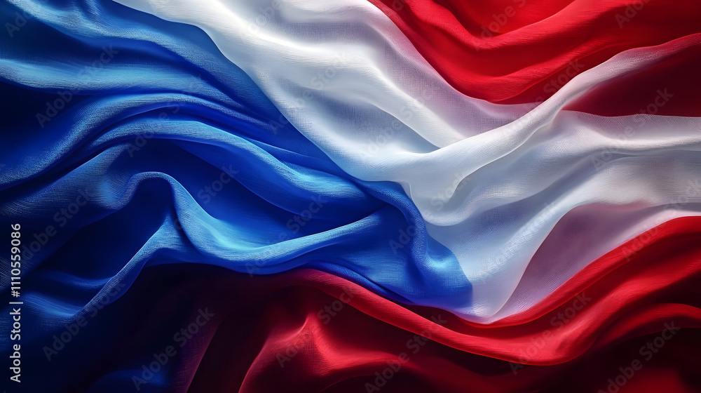 Obraz premium Abstract digital background or texture design of french flag colors, France national country symbol illustration wavy silk fabric background