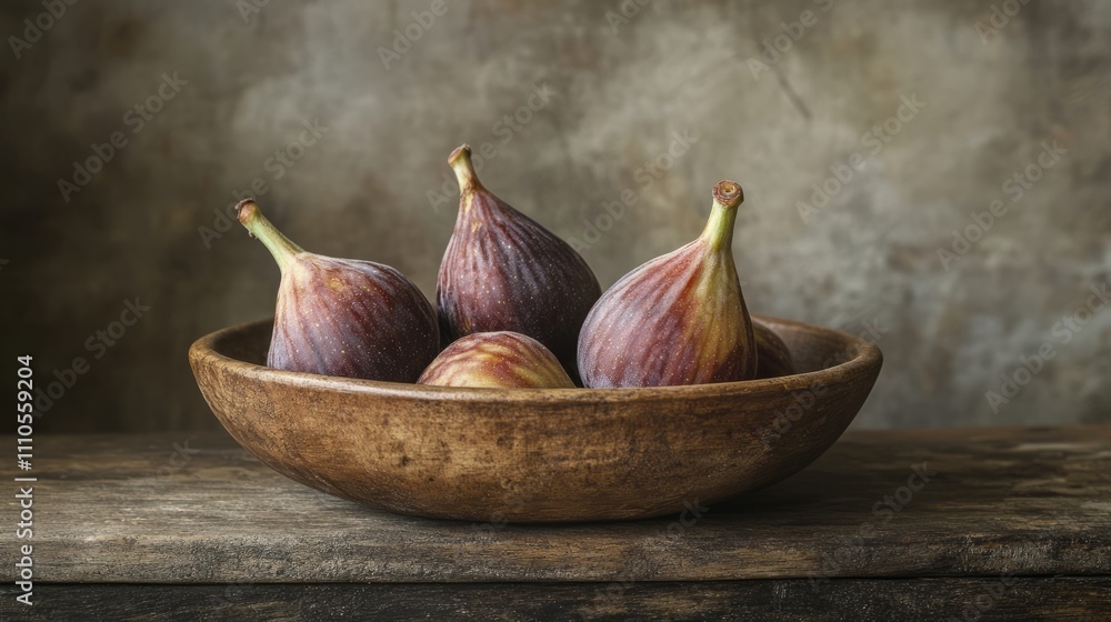 Fototapeta premium Fresh figs are arranged in a shallow wooden bowl resting on a weathered wooden surface. The background features a soft, muted texture that enhances the natural beauty of the fruit