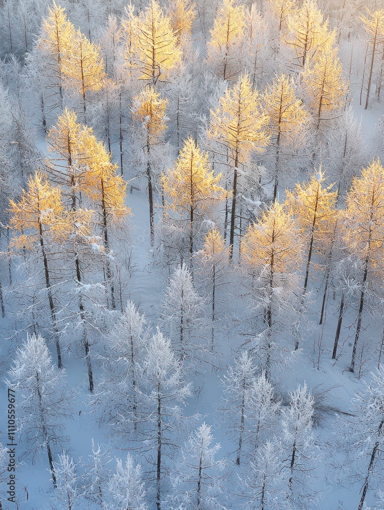 Fototapeta premium Frosty Forest Landscape with Sunlit Trees Creating a Stunning Contrast of Golden and White in a Wintry Wonderland Setting for Nature Photography