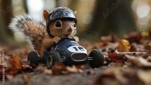 Squirrel in Helmet Driving Miniature Car on Forest Track