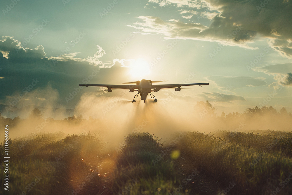 Fototapeta premium Drone flying in sky over beautiful nature during observation from top