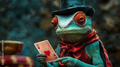 Chameleon Magician Performing Colorful Card Tricks on Staged Show