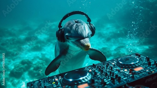 Dolphin DJ Hosting Vibrant Underwater Party with Headphones and Turntables
