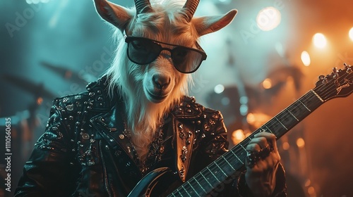 Charismatic Goat Rocking Out on Stage with Electric Guitar