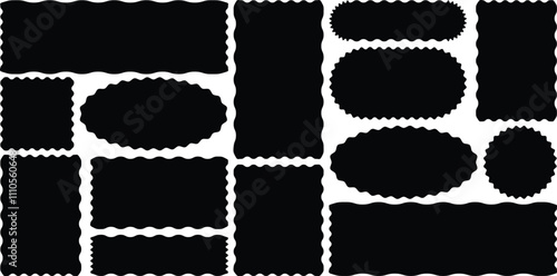 Zigzag edges set. Rectangle shape frame with zigzag edge for labels, banners, tags, stamps. Scallop edge shape set. Stamp frames with zigzag edges for graphic design. Zig zag wavy stickers