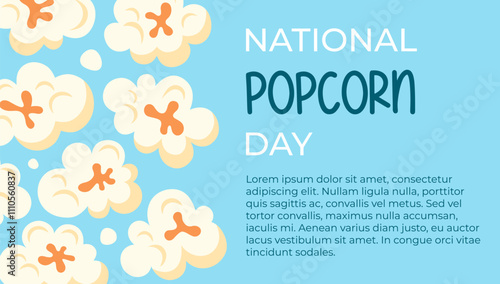 National Popcorn Day banner, horizontal shape. January 19. Popcorn on blue background and basic text. Food or holidays theme. Vector illustration.