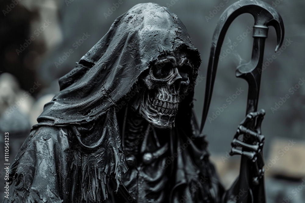 Scary grim reaper with sharp scythe in hell with dramatic background Scary grim reaper with sharp scythe in hell with dramatic background