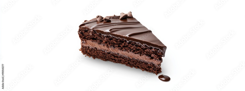 A slice of decadent chocolate cake with ganache drizzle, isolated white background, realism art style A slice of decadent chocolate cake with ganache drizzle, isolated white background, realism art style