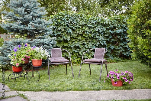 In summer, the small Canadian garden is beautifully landscaped. Armchairs surrounded by plants in this small cozy backyard.