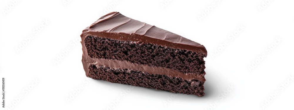 A slice of decadent chocolate cake with ganache frosting, isolated white background, realism art style A slice of decadent chocolate cake with ganache frosting, isolated white background, realism art style