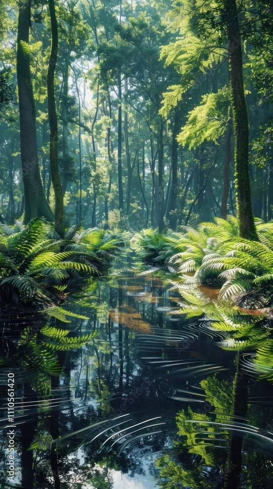 Fototapeta premium Enchanting scene of a lush dense temperate rainforest with a serene stream flowing through its waters reflecting the surrounding foliage of ferns mosses and other verdant vegetation A peaceful