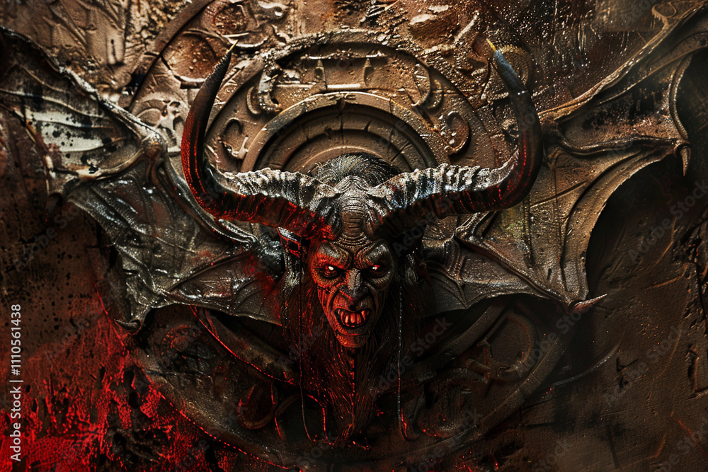 Scary sinister devil is in hell with dramatic fire lighting Scary sinister devil is in hell with dramatic fire lighting